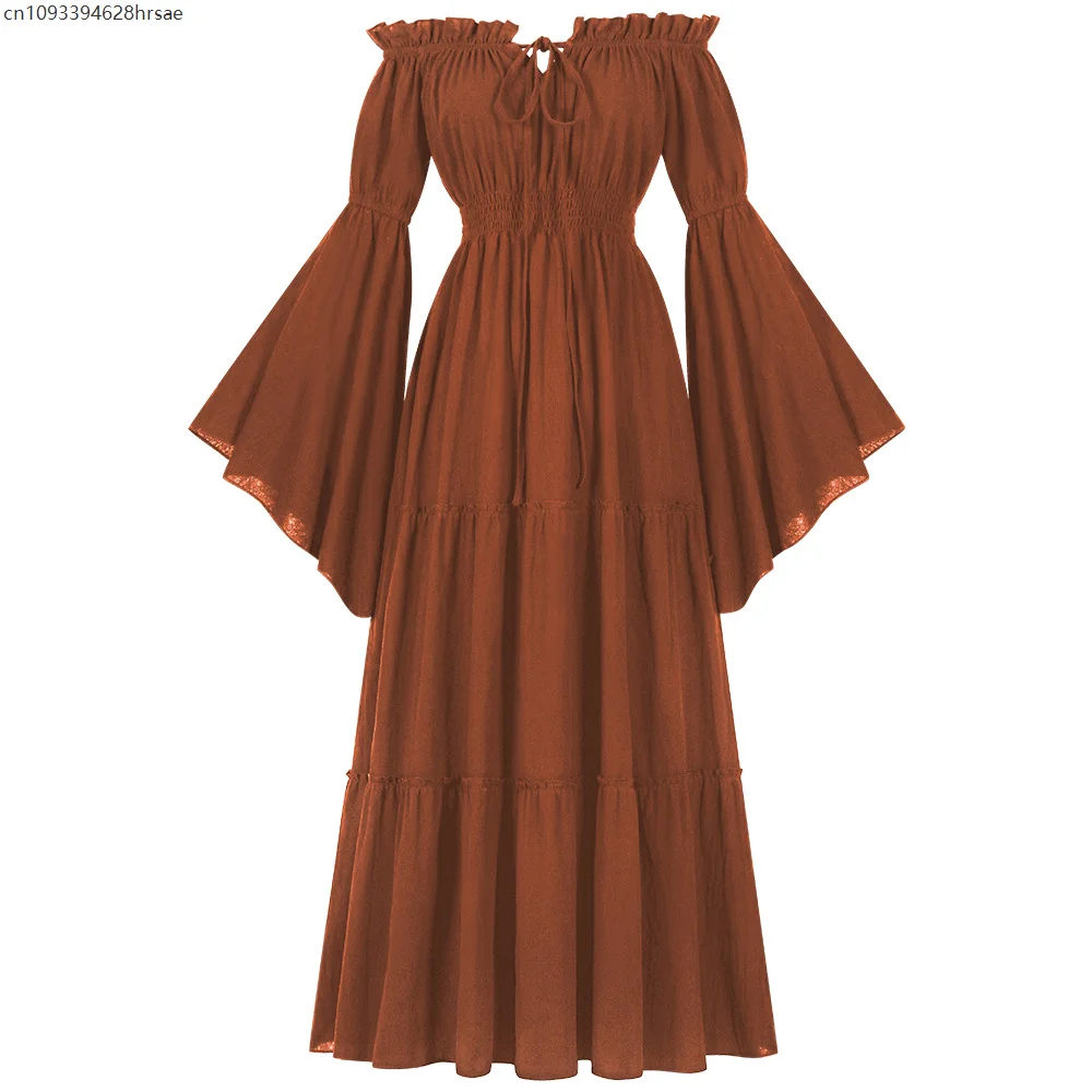 Women Off Shoulder Ruffled Long Sleeves Medieval Renaissance Cosplay Costume Retro Smocked Waist Party Performance Formal Dress