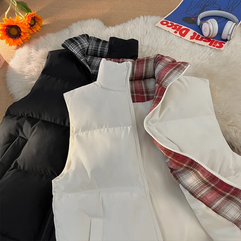 

Sleeveless Vest Tank Tops Zipper Jackets Bread Coat Splice Plaid Neck Men Women Winter Casual Keep Warm Jacket Clothes