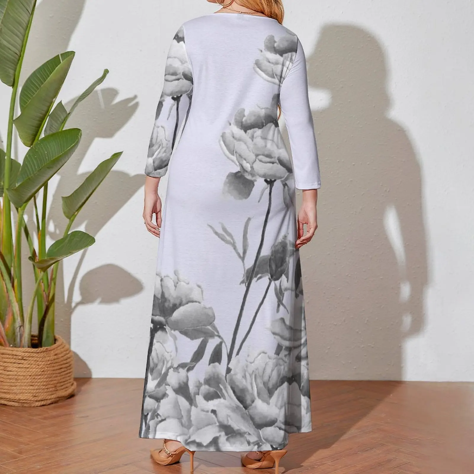 Vestido de manga larga con pintura de peonía gris para mujer, ropa de mujer, Vestidos