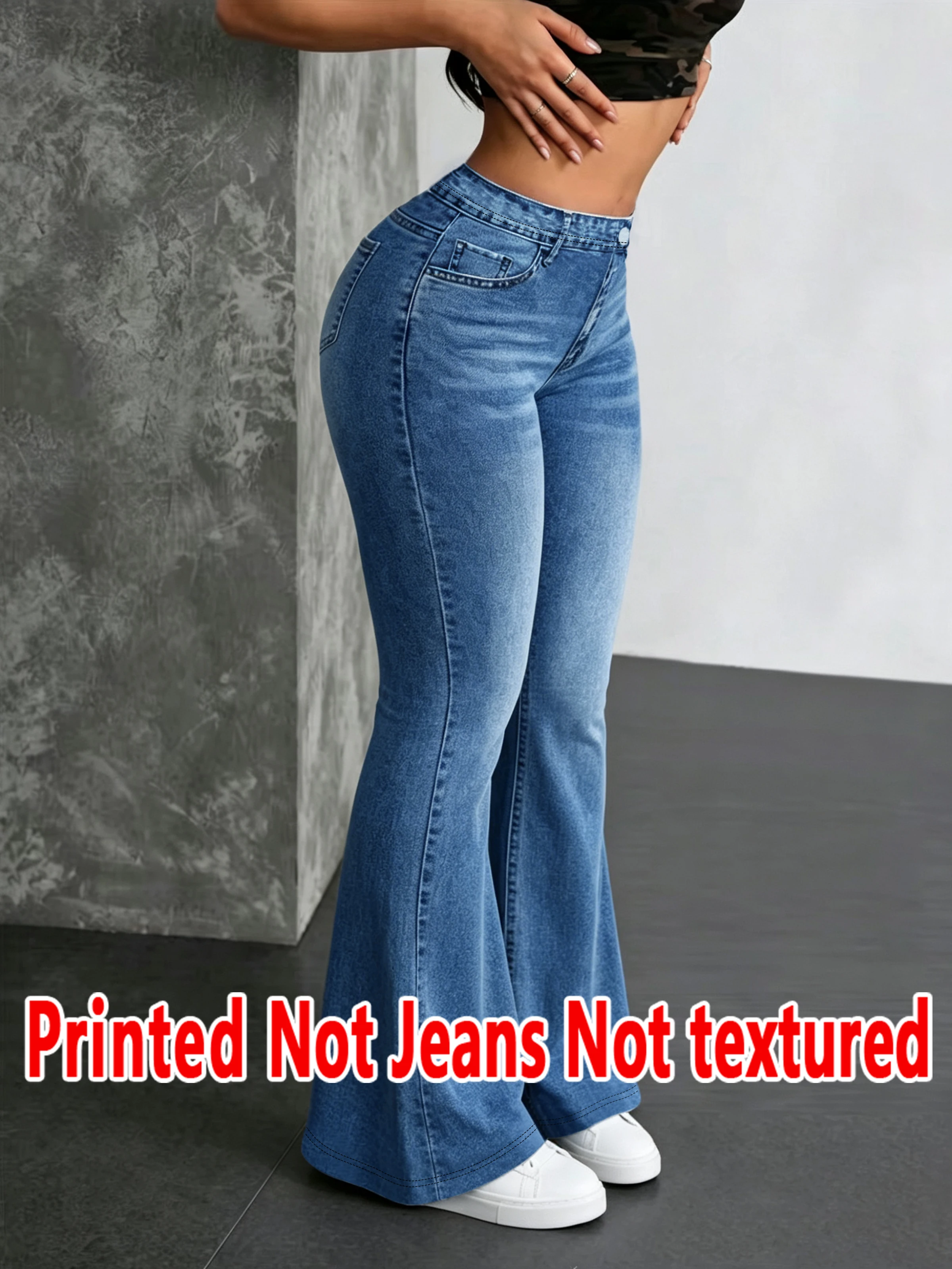 1592  Ladies Non-Leather Bell Bottom Pants Floral Print Denim Look Spring Autumn Winter Wearable Ladies Long Trousers
