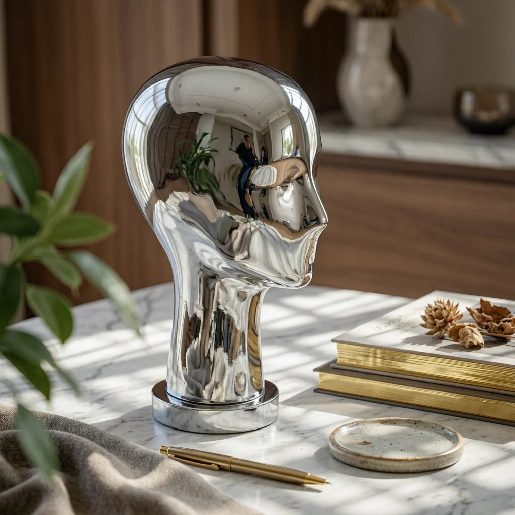 Mirror Head Sculpture Luxury Look Silver Head Bust Home Decor Art Moderne Vibe