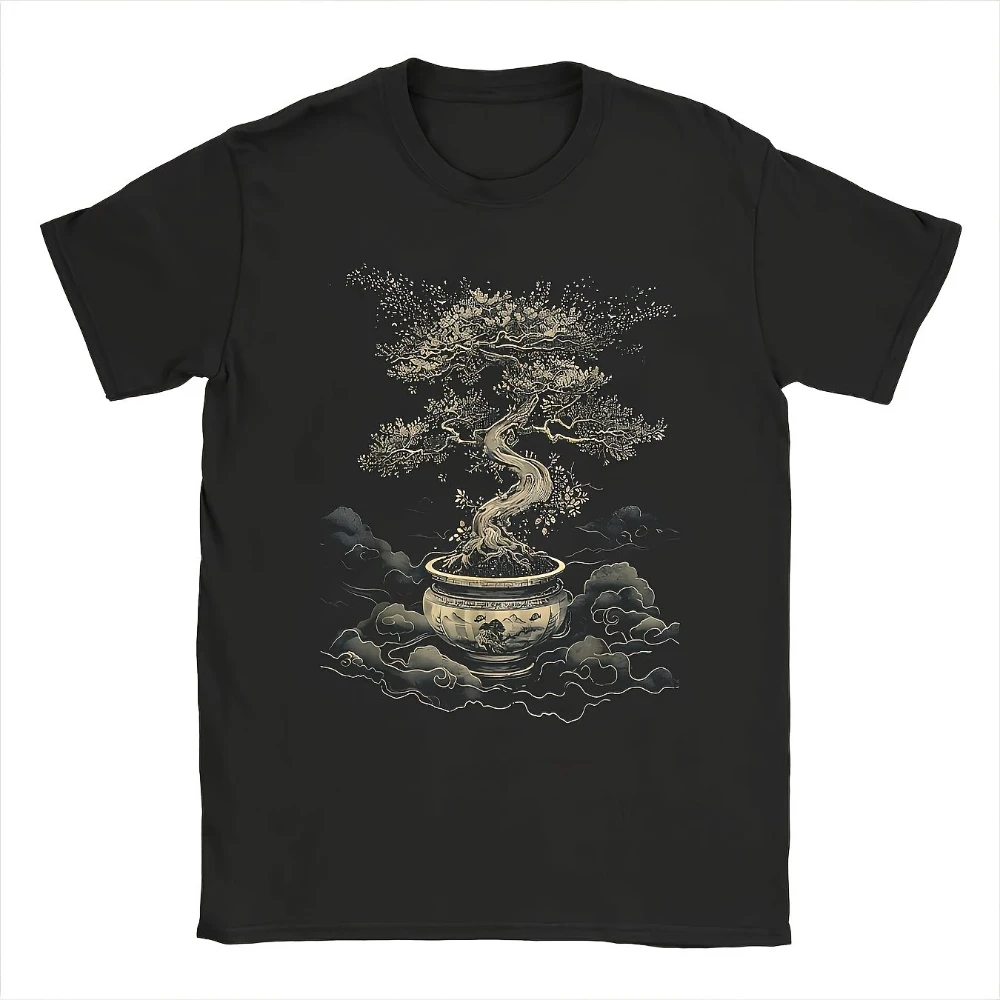 Men's Zen Bonsai Tree T-Shirt 100% Cotton Loose Fit Short Sleeve Shirt with Japanese Miniature Tree Men's T-shirts for Summer