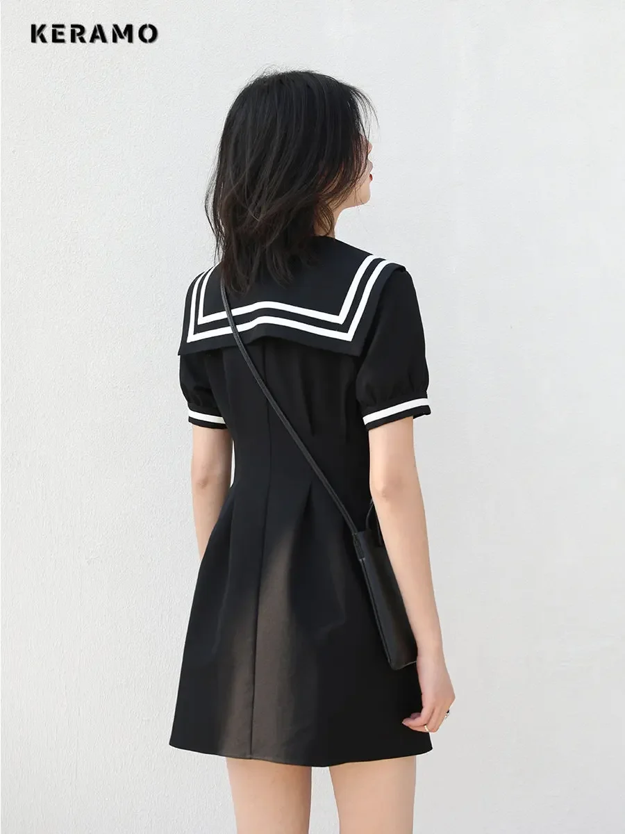 Preppy Style All-match Patchwork Sailor Collar Mini Dresses 2023 Summer Women\'s Puff Sleeve Y2K Harajuku Ulzzang A-Line Dress