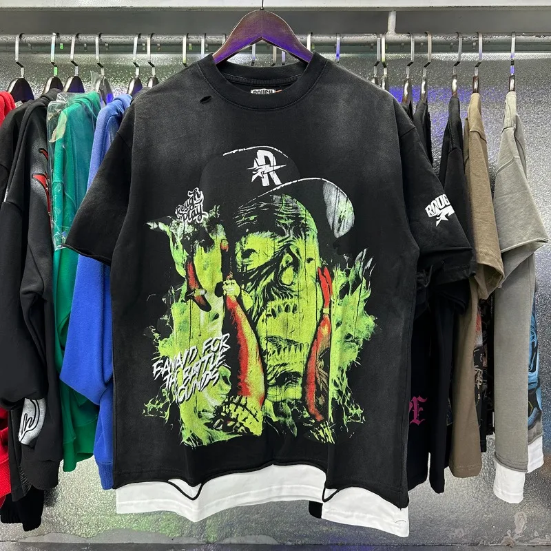 Rough Skull Print  T-shirts Men Women Washed Black Casual Oversized T Shirt