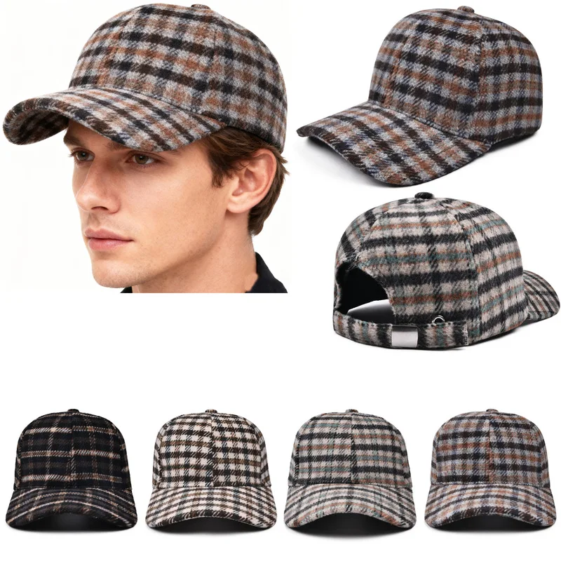Men's and women's autumn and winter warm colorful plaid hard-brim baseball cap, artistic and versatile warm duckbill hat