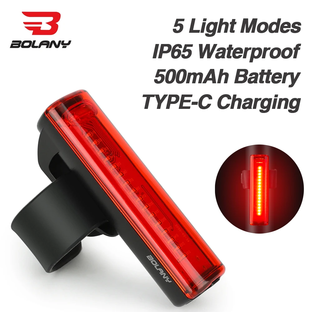 BOLANY MTB Bike Taillight 5 Modes IP65 Waterproof Type-C USB Rechargeable LED Tail Light Bar 20 Lumen Safety Warning Rear Light