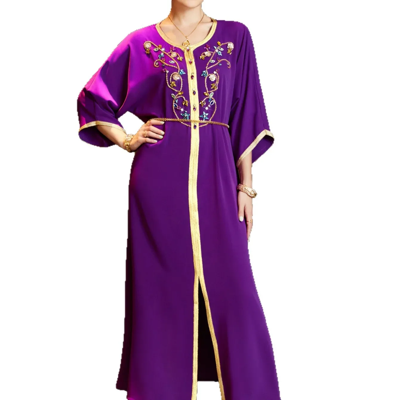 

Ramadan Dubai Women's Islamic Maxi Dress with Beaded Embroidery and Belt Moroccan Caftan Jalabiya Moroccan Turkey Party Gown New