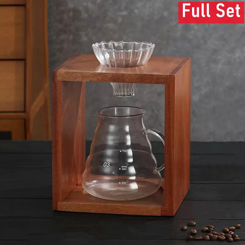 Full Set Wood Punch Frame Pour Over Coffee Dripper Stand with Glass Coffee Kettle,Drip Filter Cup Household Filter Cup Rack Set