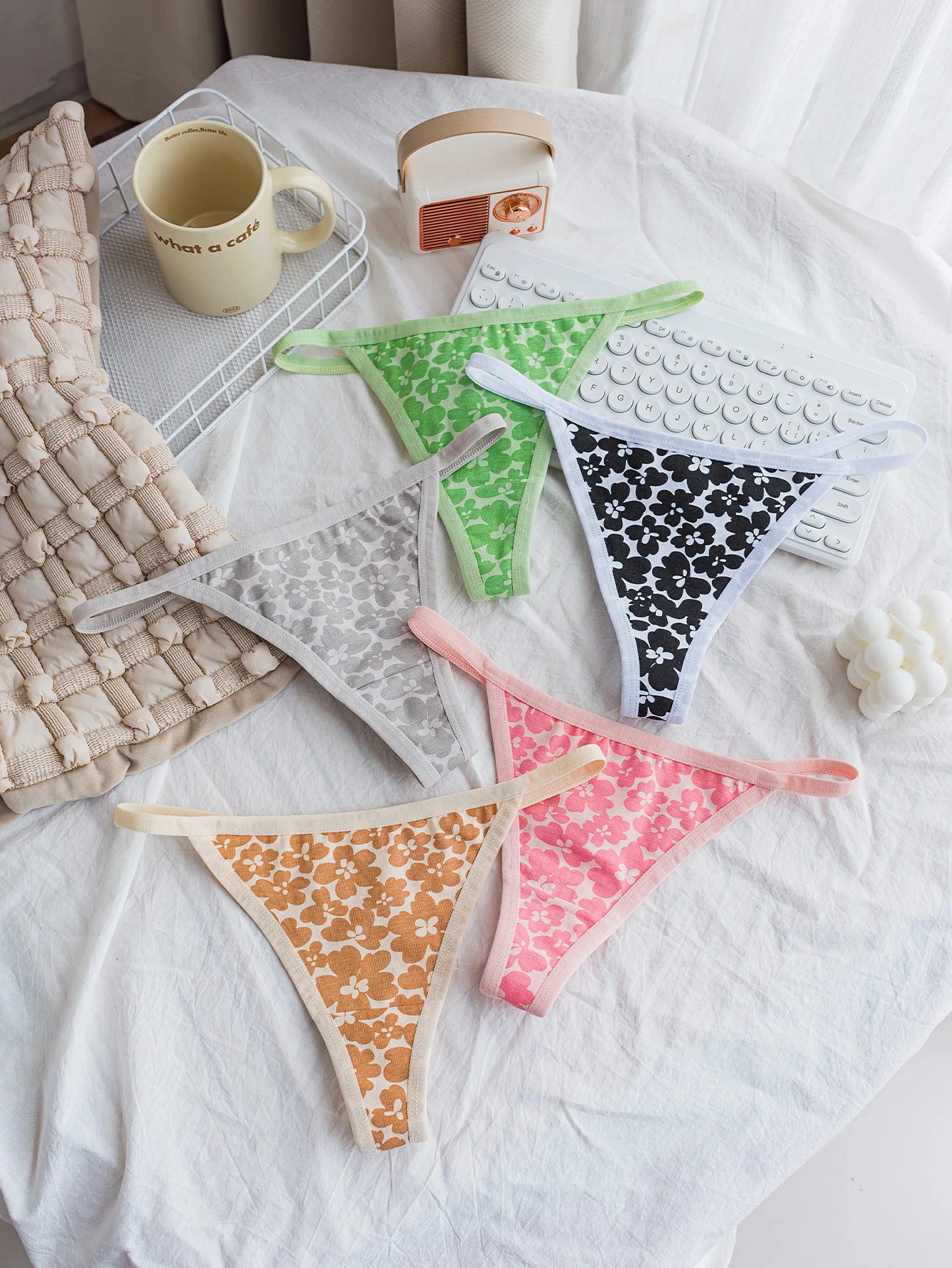 5-Pack Mixed Color Floral Patchwork Thin Strap Comfortable Women's Thong Cotton Underwear Girls' Briefs