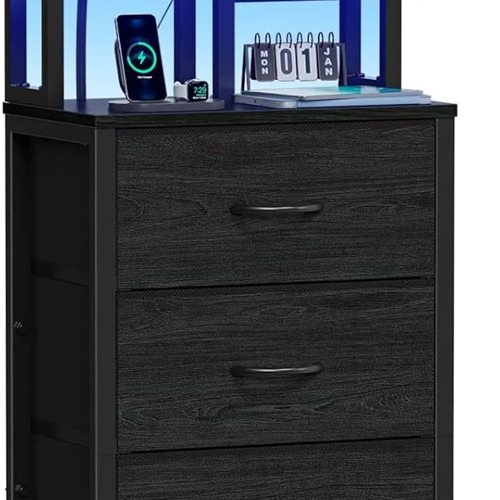 

LED Nightstand with Charging Station, USB Ports, Fabric Drawers, and Tiered Storage for Bedroom, Dorm, Office (Black Oak)