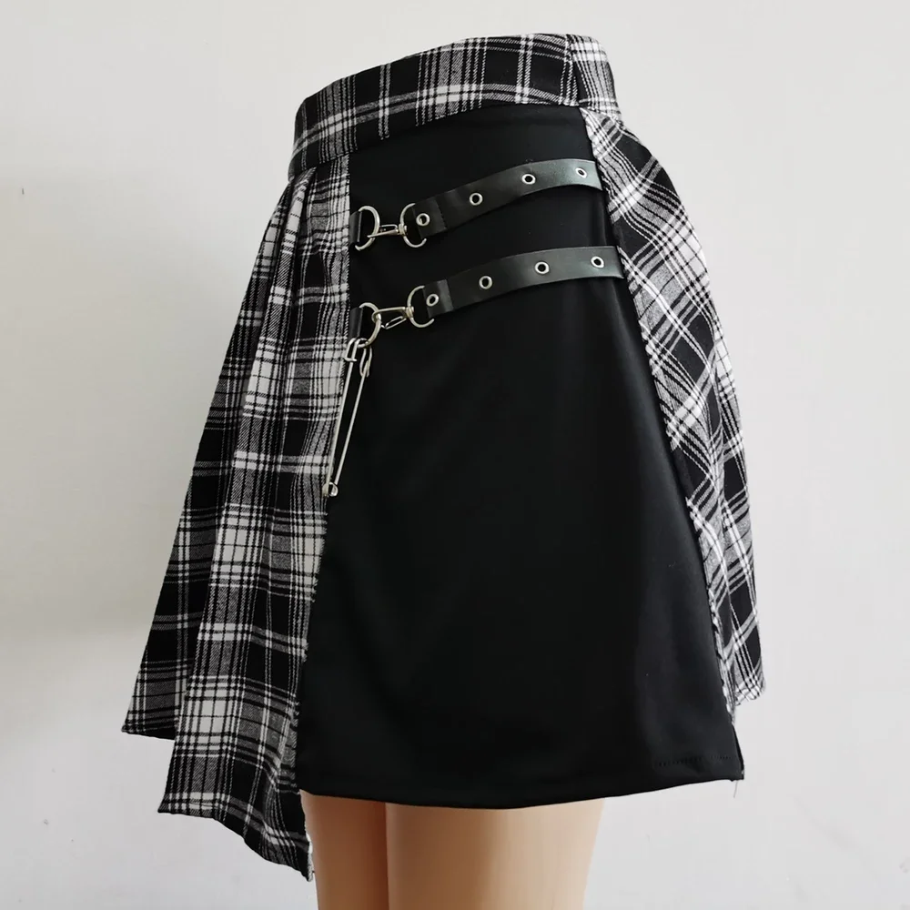 Mulheres Harajuku Gothic Mini Skirt, Cintura Alta, Plissada, Linha A, Cinto, Preto, Punk, Kpop, Y2k, Streetwear, Meninas, Outfits