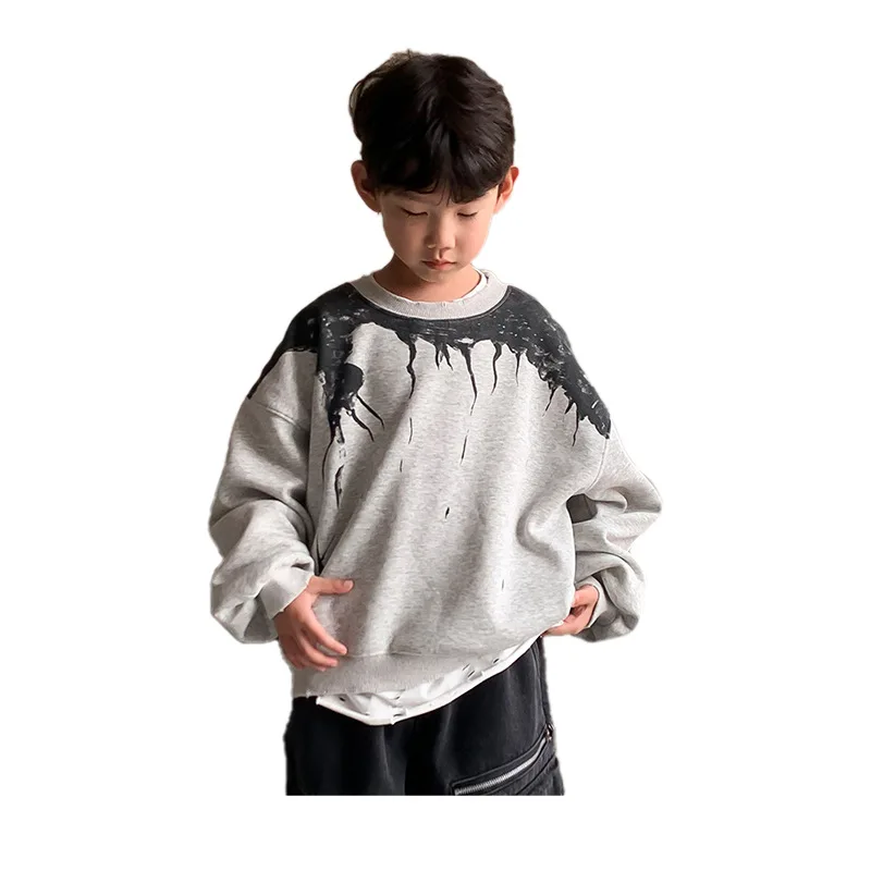 

Флисовый свитер для мальчиков, зима 2026, новая корейская версия, утолщенный джемпер с принтом, средний размер, детский свитер с круглым вырезом