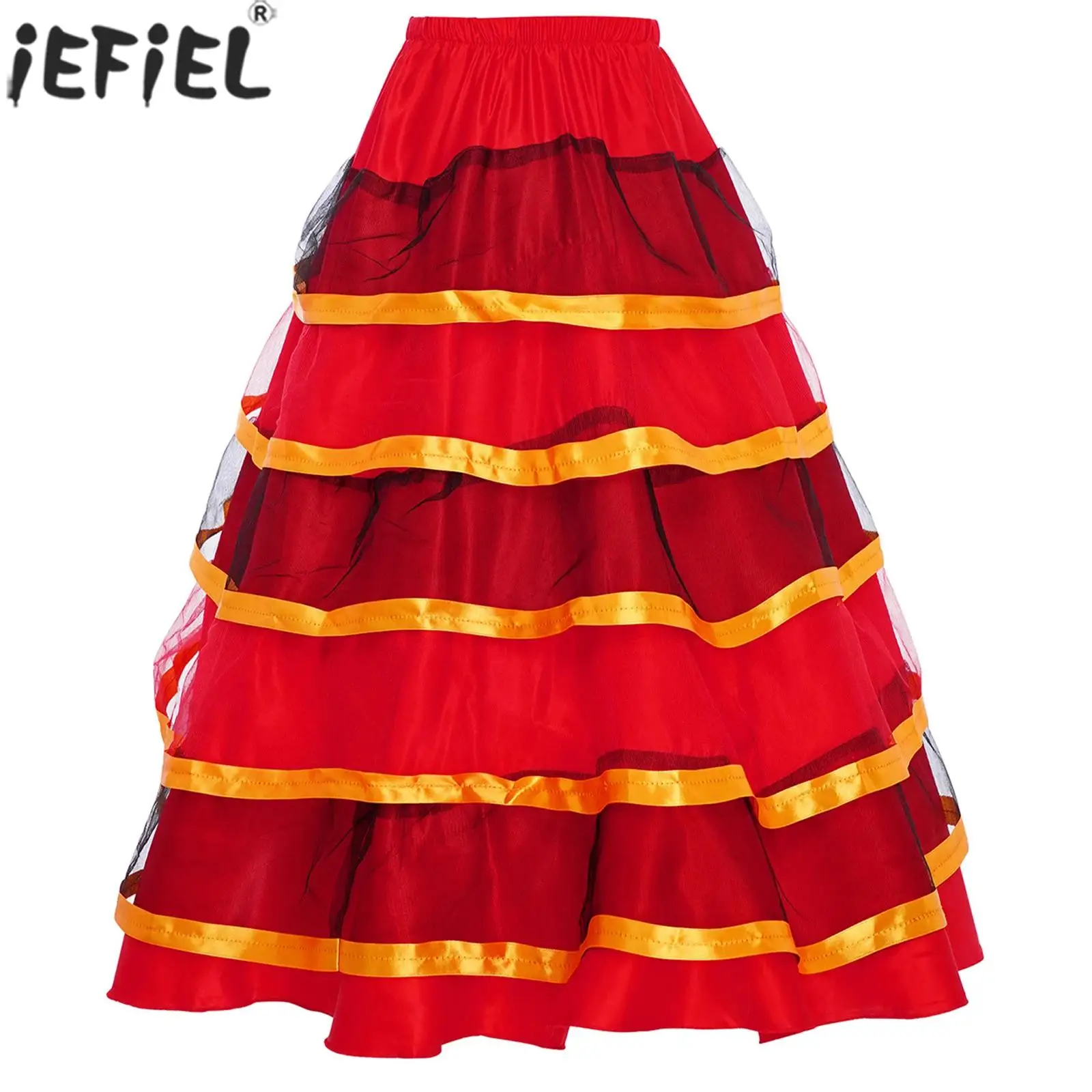 

Kids Girl Spanish Flamenco Dance Performance Costume Tiered Ruffle 180 Degrees Satin Skirt for Paso Doble Latin Ballroom Dancing