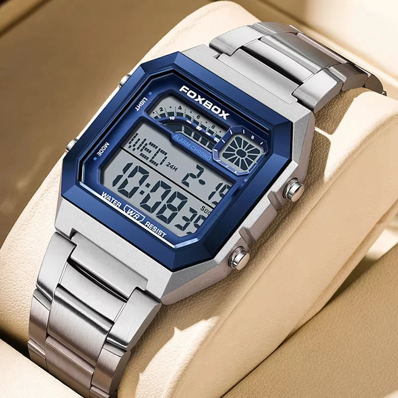 

FOXBOX Military Square Digital Watches For Men Fashion Sports Waterproof Quartz Man Watch Stainless Steel Alarm Chronograph