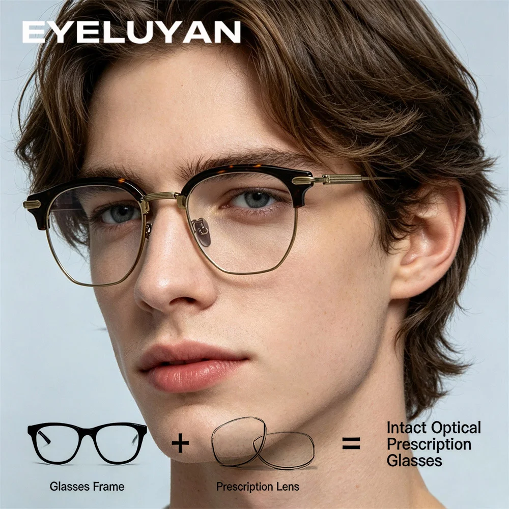 EYELUYAN Classic Eyebrow Semi-Rimless Optical Prescription Glasses MenPure Titanium High Quality Myopia Recipe Eyeglasses