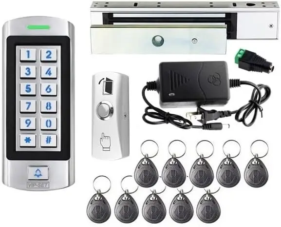 

Stainless Steel Waterproof Door Access Control Kit, 300kg Magnetic Lock with RFID Keypad, 10 Keyfobs, 110V Power Supply