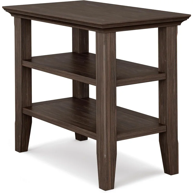 

Acadian SOLID WOOD 14 inch Wide Rectangle Transitional Narrow Side Table in Farmhouse Brown with Storage, 2 Shelves,