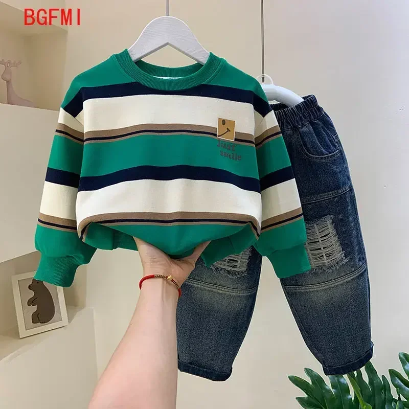 

Teenage Boys Autumn Set 2024 New Kid Boy Cool Handsome Sweater+Hole Jeans Full Set Children's Baby Fashion Two Piece Set Outfits