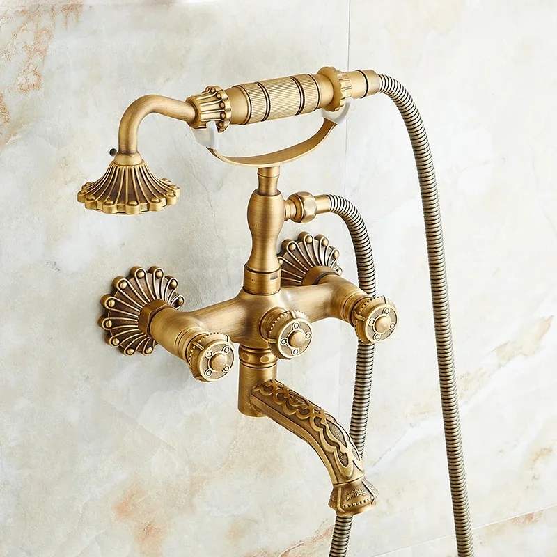 

Vidric Vidric Euro Carved Antique Brass Shower Faucets Wall Mount Brass 3 Handles Mixer Tap Dual Holes Bathtub Shower Faucet