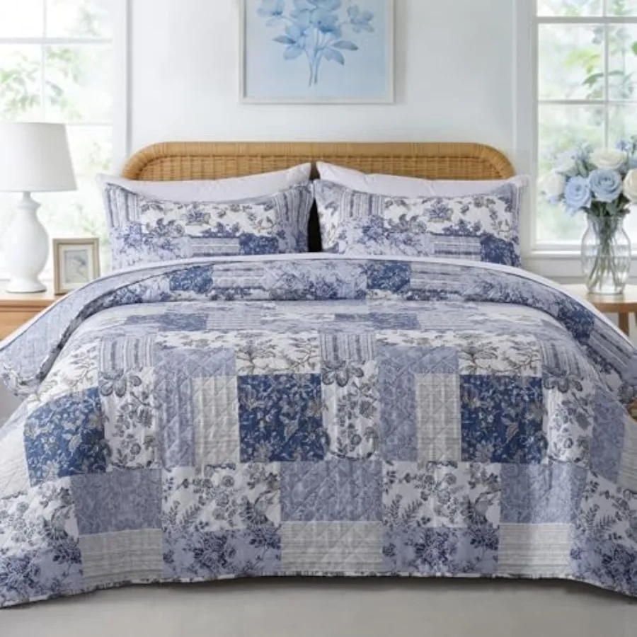 

Комплект стеганых одеял 90x96, синий, с цветочным узором в стиле бохо, легкий, для весны и лета, двусторонний, в стиле фермерского дома