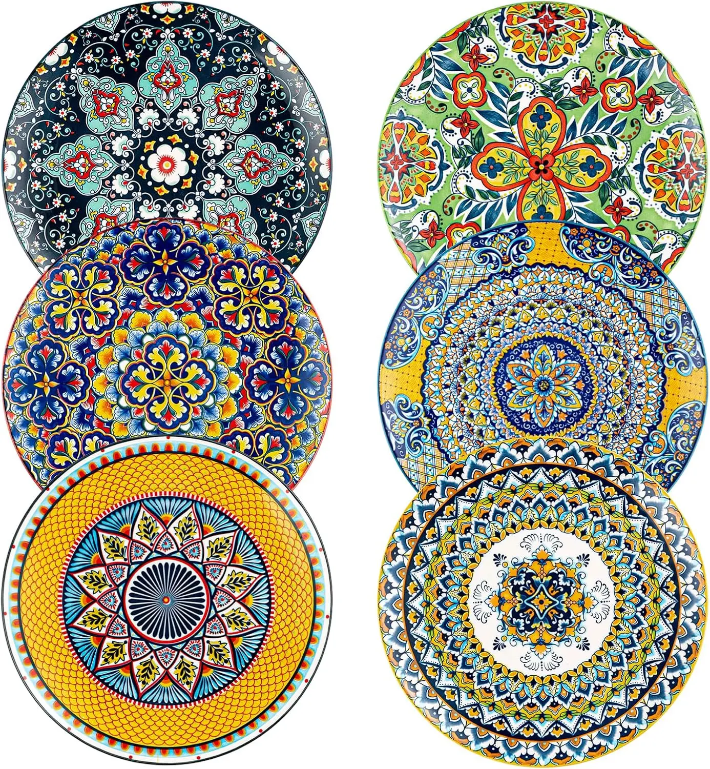 

Набор из 6 больших керамических тарелок, 10,5-дюймовая красочная посуда в богемном стиле, безопасная для микроволновой печи и духовки для кухни и ресторана