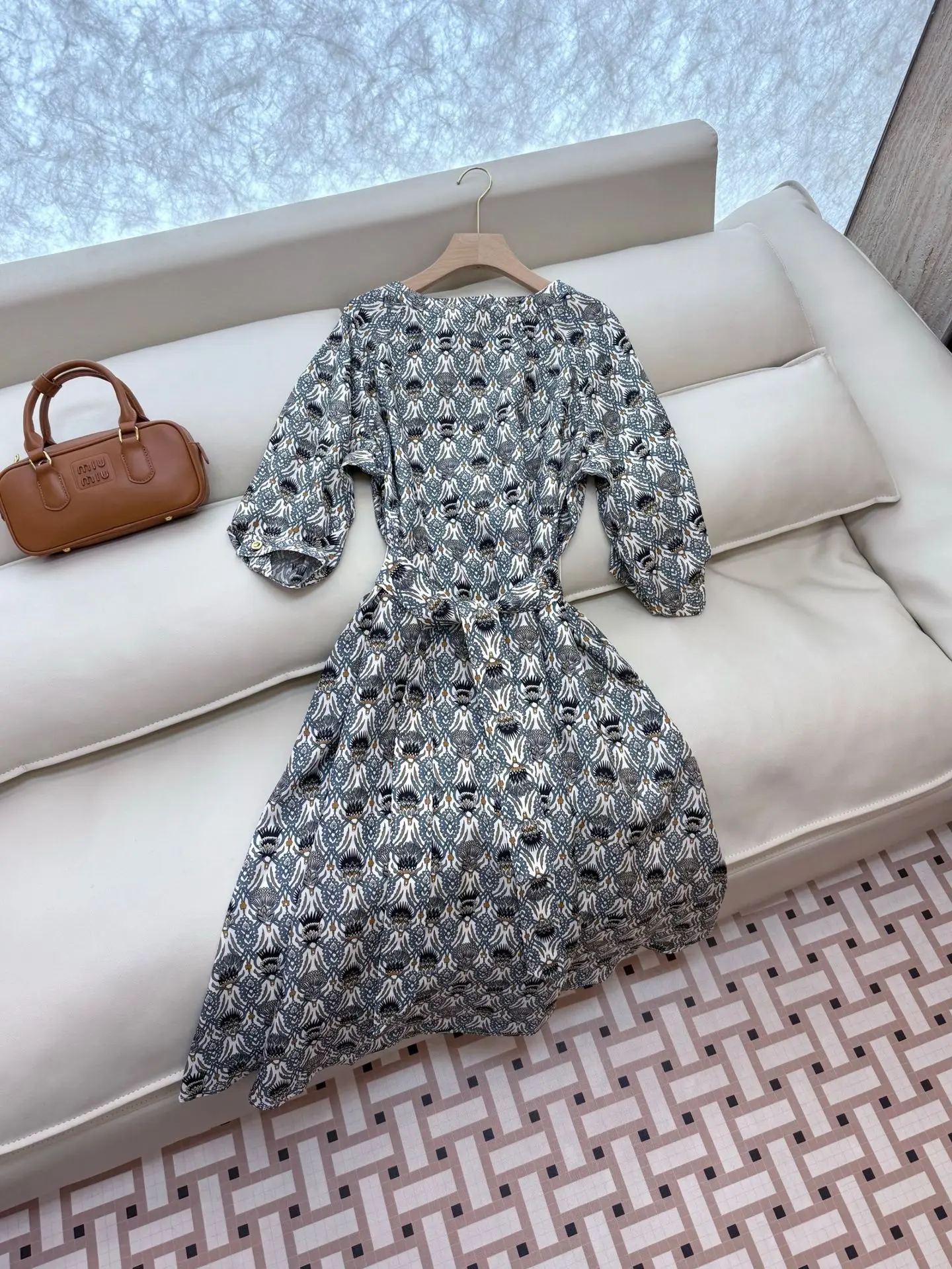 

2025 Summer New 100Silk Printed Seven-point Sleeve Lace-up Slim-fit Long dress