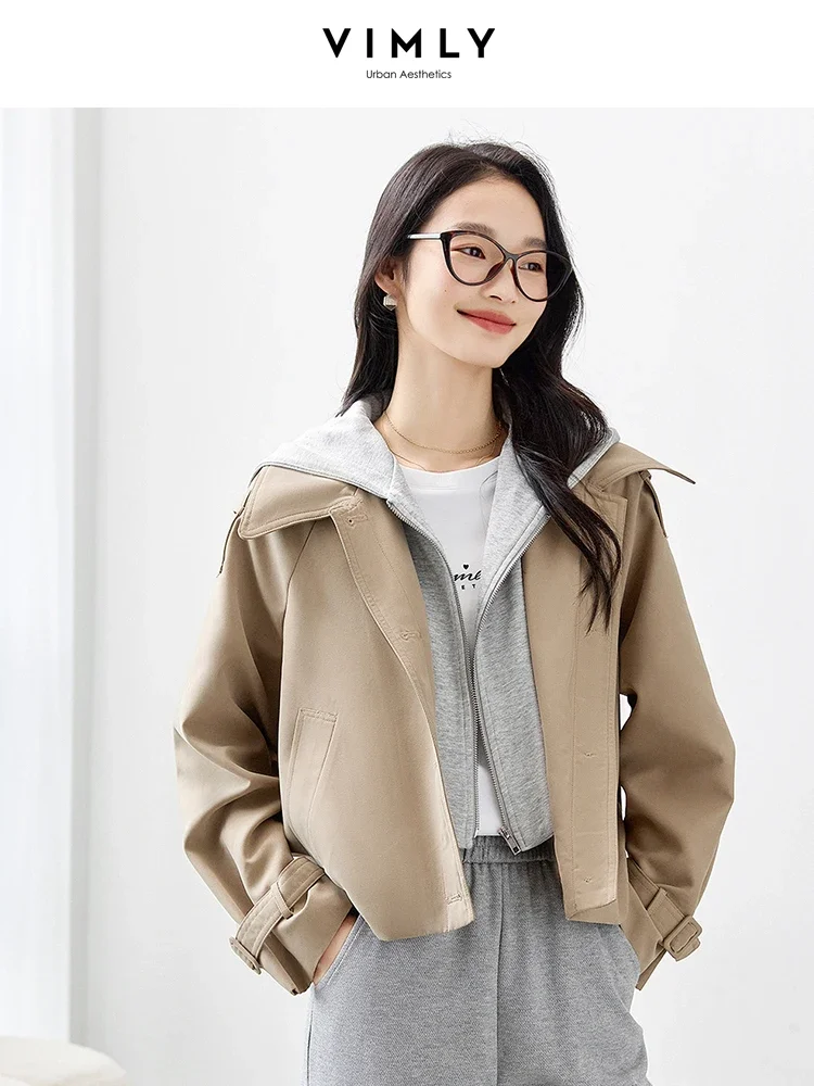 VIMLY Women Simple Contrast Fake 2Piece Hooded Trench Coat Fall Spring Office Lady Windbreaker with Hood Casual Loose Coat M5116