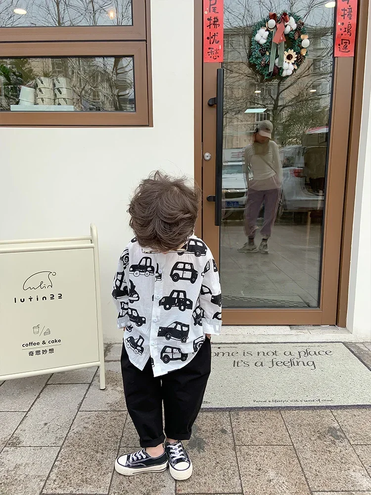 Children's Cotton Small Class Cartoon Shirt 2026 Spring New Top Children Korean Style Car Printed Shirt Fashion