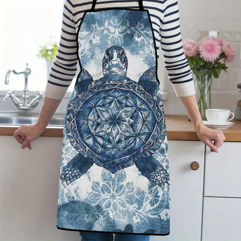 1pc, Blue Patterned Sea Turtle Suitable For Ladies And Gentlemen A Kitchen Cooking Apron That Is Essential For Household Chores