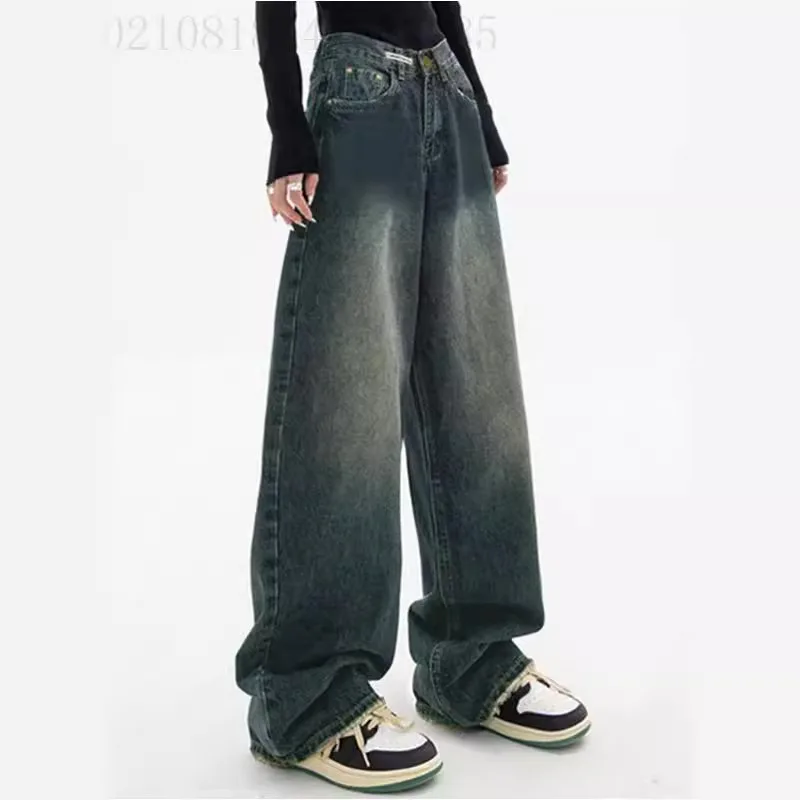 Jeans in voller Länge, Denim-Hose für Damen, weites Bein, hohe Taille, Reißverschluss, gewaschen, lose Taschen, Vintage, 2024, lässige Grundlagen