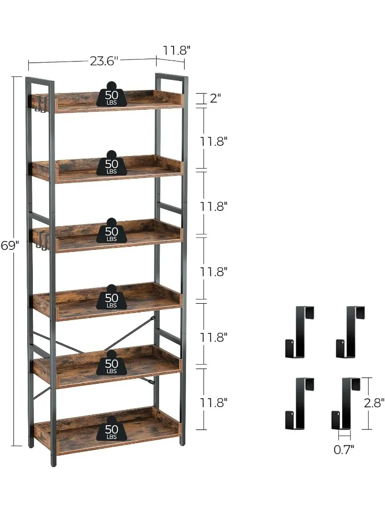 خزانة كتب ذات 6 أرفف على الطراز الصناعي مع 4 خطافات، وحدة تخزين خشبية عتيقة، رفوف ريفية مفتوحة للكتب والديكور #3