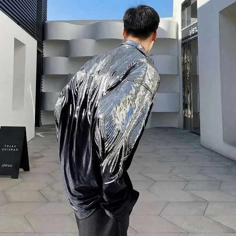 LUZHEN Long Shirts Sleeve Sequin Design Splicing 2025 Fashion Tops Flannel Niche Men's Elegant Light Luxury Prom Clothes JY5966