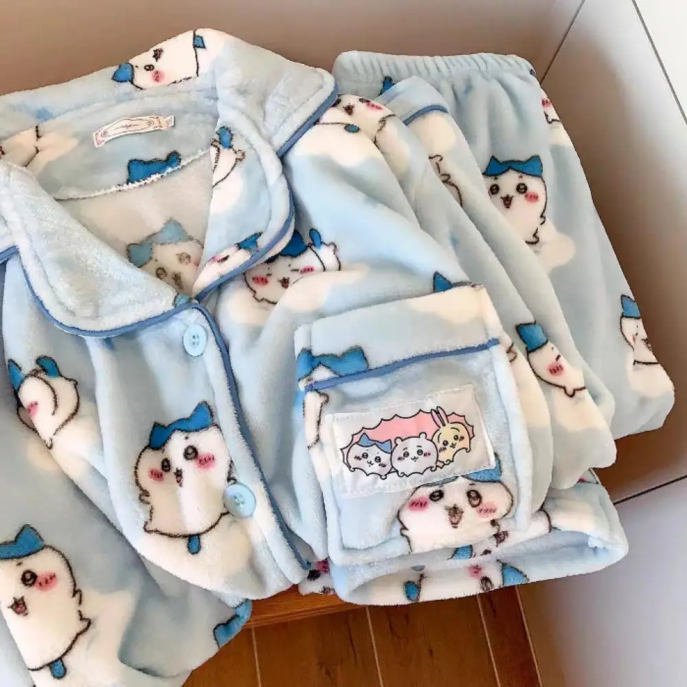 Neue Anime Weibliche Chiikawa Pyjamas Anzug Winter Hachiware Cartoon Korallen Fleece Nachtwäsche Flanell Samt Verdicken Homewear Anzug