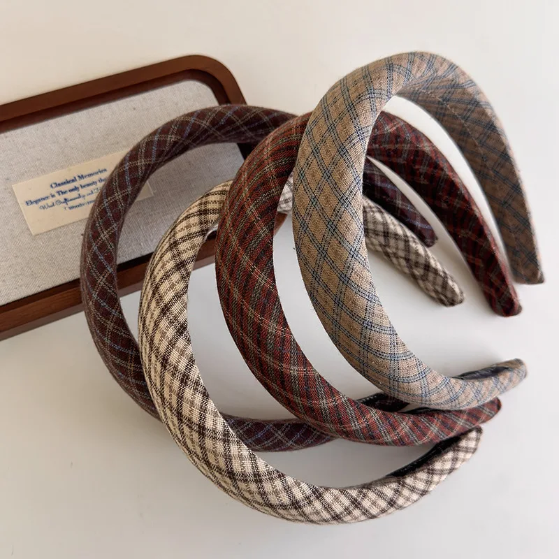 Retro Preppy Style Plaid Wide Edge High Skull Top Hair Hoop