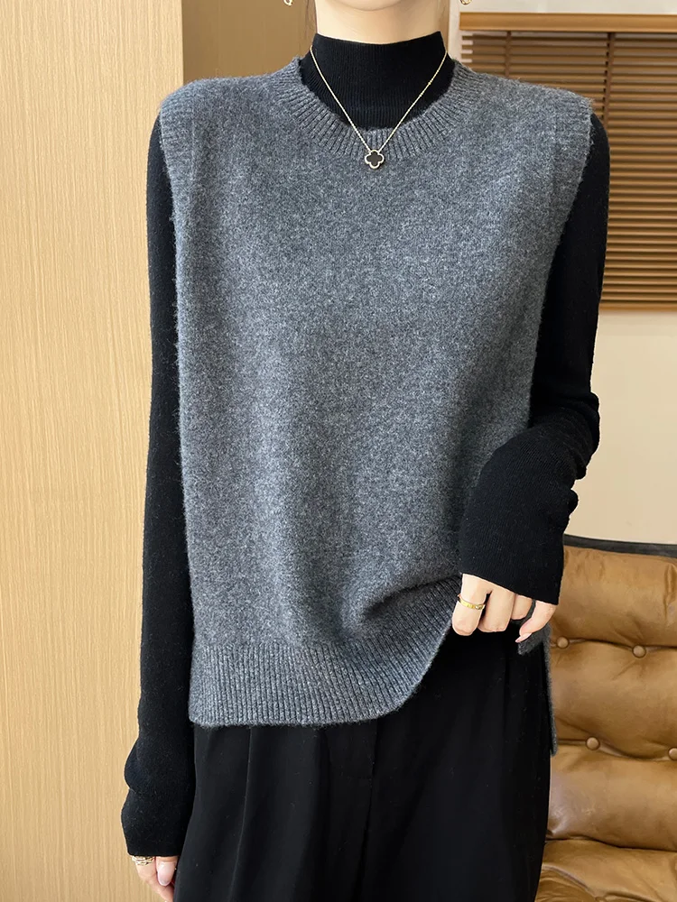 100% メリノウールプルオーバーベスト秋冬新女性カシミヤニットセーター O ネック基本的な定番韓国スタイルチョッキ