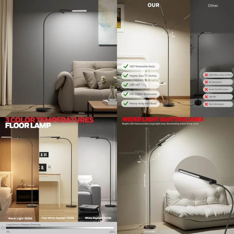 

LED Floor Lamp for Reading, CRI97 Full Spectrum Eye-Caring Task Lamp, Stepless Dimmable 3000K-5000K Standing Lamp with Flexible