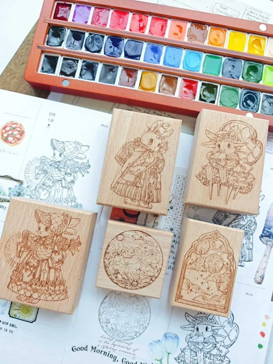 Vintage Lili Rabbit Window Moon Wooden Rubber Stamp for DIY Scrapbooking Photo Album Card Making