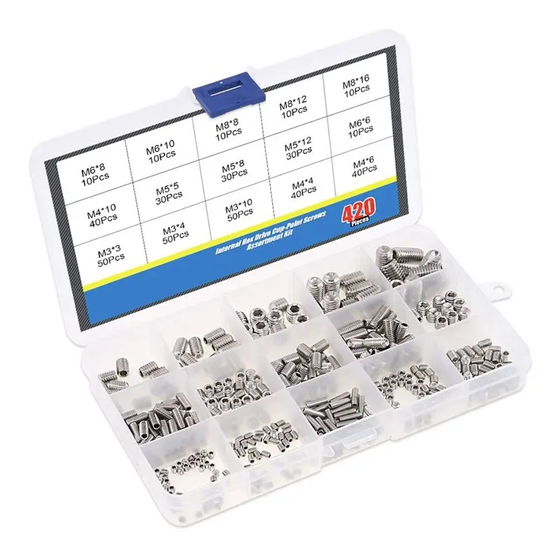 AWAH M3//M5/M6/M8 Allen Head Socket Set 420Pcs, 304 Stainless Steel Internal Hex Drive Grub Screw Assorted Kit