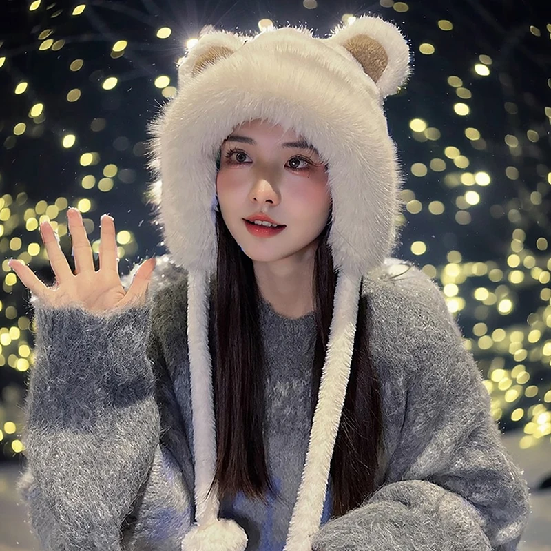 Winter Bear Plush Hat Outdoor Cycling Ear Protection Hat Thickened Warm Hat Casual Fleece Girls Hat Women's Warmth Essentials