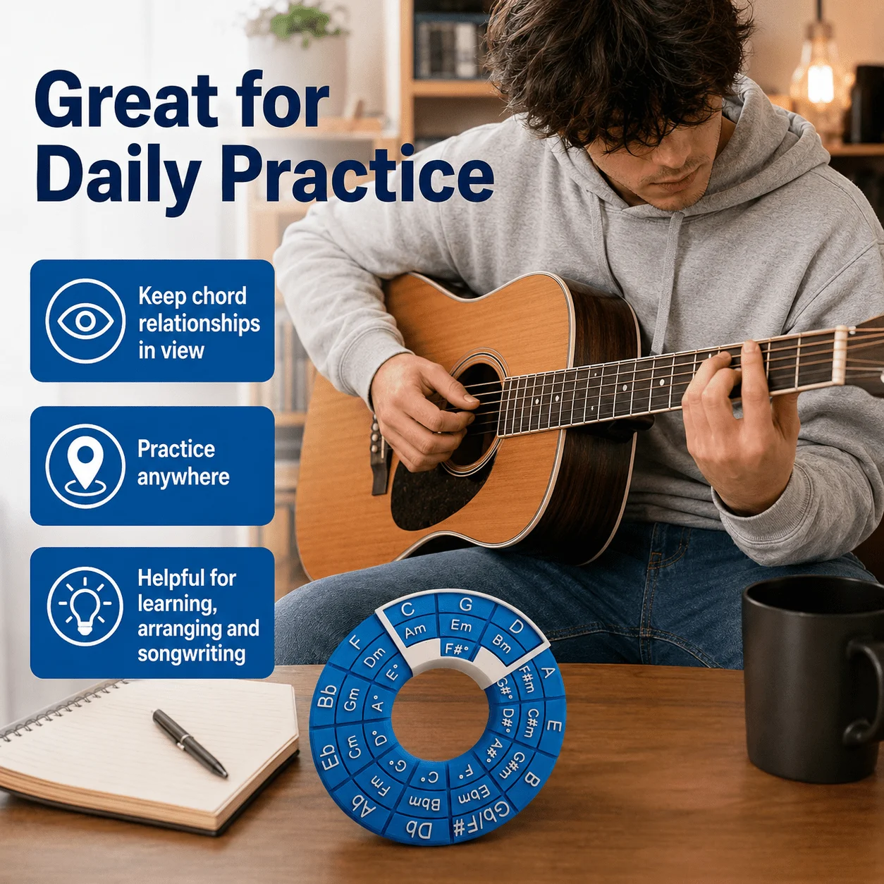 Guitar Chord Wheel Transposer Circle of Music Theory Learning Tool for Chord Progressions Songwriting & Practice, No electricity