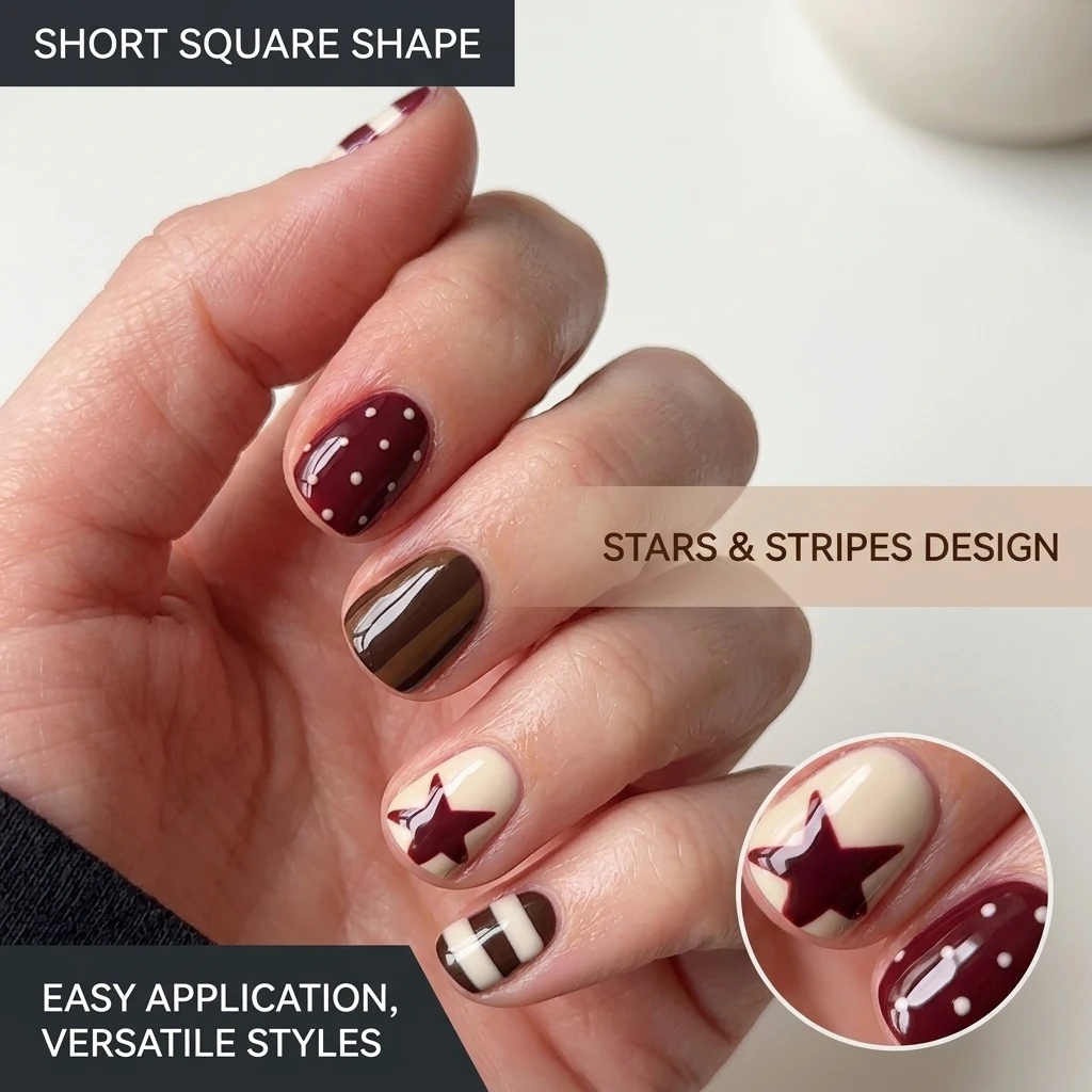 Short Square Glossy Press On Nails Star Polka Dot Stripe Design for Party Wedding Daily Fashion Resin False Nail Tips 24pcs