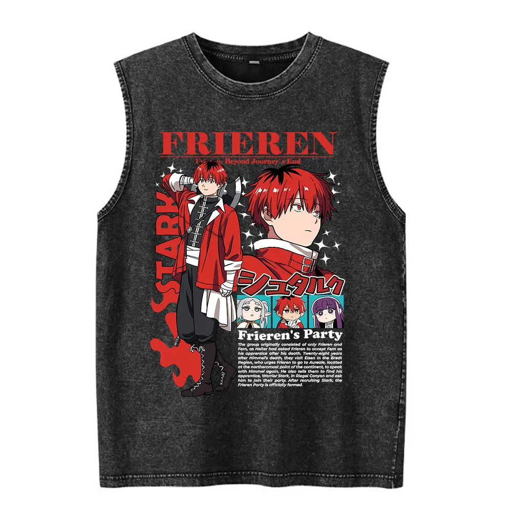 Anime Frieren Beyond Journey's End Stark Graphic Vintage Washed Vest T-shirts Men's Clothing Casual Cotton Sleeveless Tank Tops