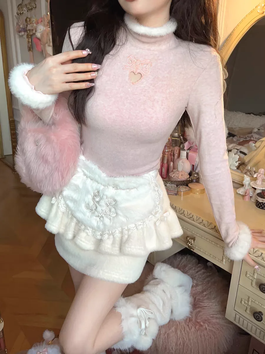 Princess sweet lolita bobon21 camicia invernale con fiocco ricamato amore mezzo collo alto peluche maglieria T2295