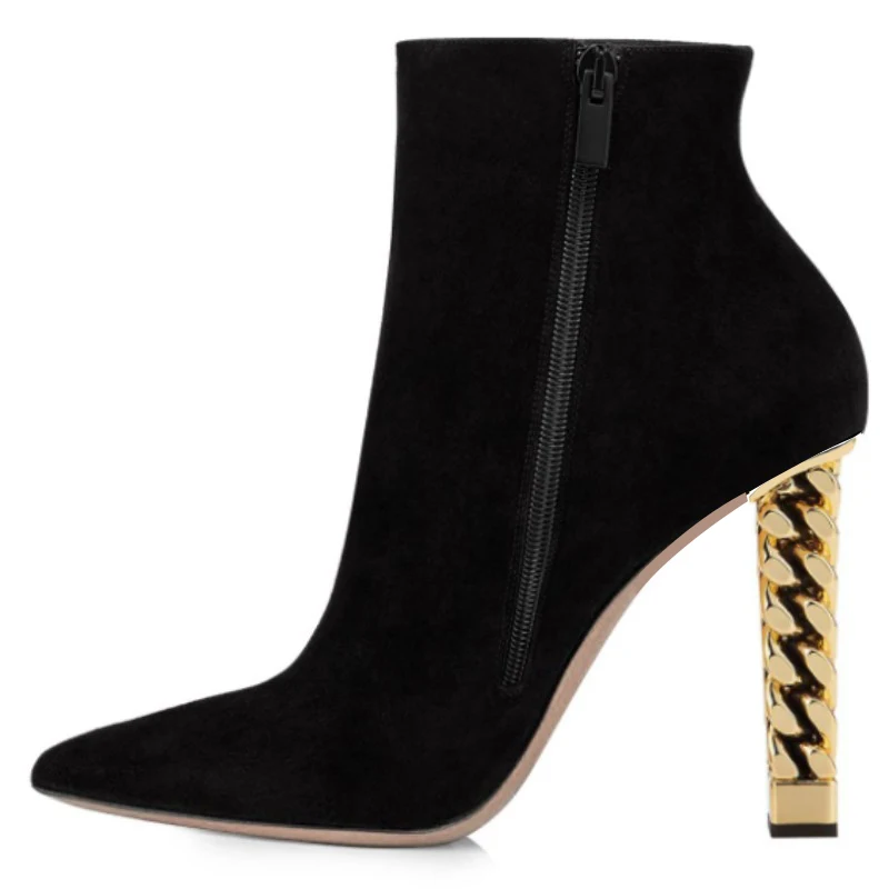 DIZHUANG Fashionable women's high-heeled boots. Black suede boots. About 11cm heel height. Golden square heel boots. Ankle boots