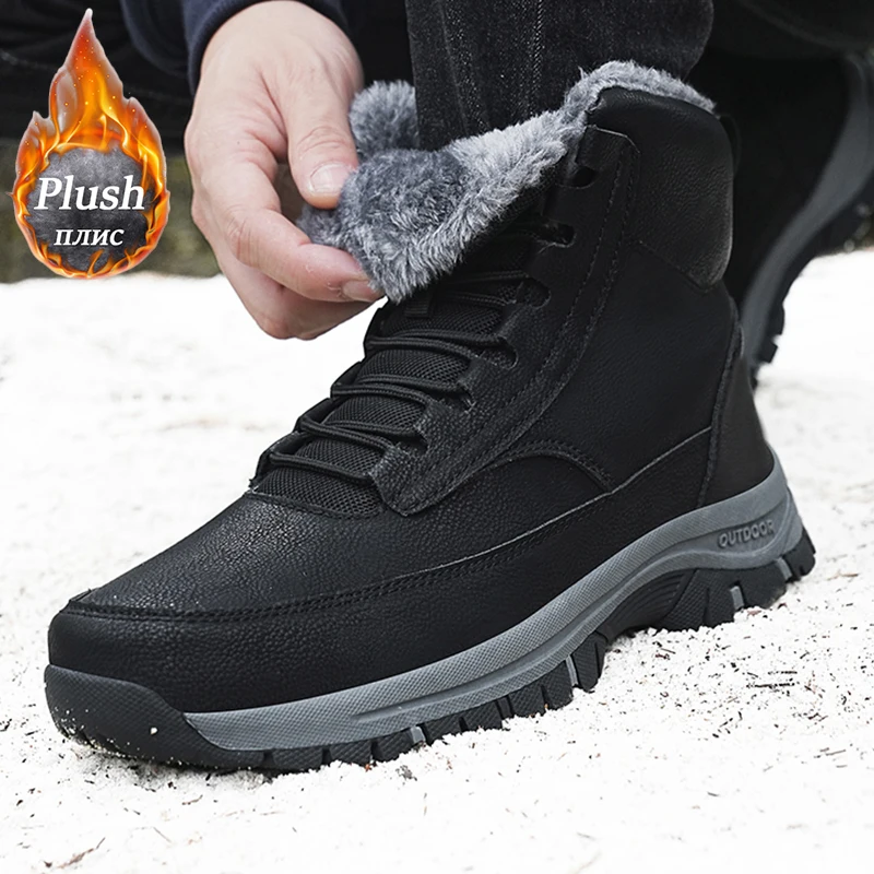 2024 Mens Sneakers Cotton Shoes Winter Plush Trekking Shoe TPR Shoes Non-slip Ankle Boots Waterproof Leather Warm Snow Boots Men