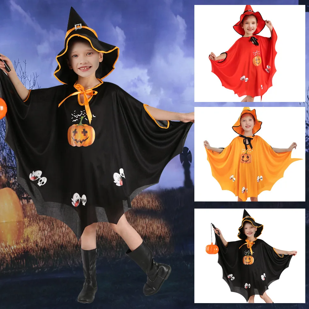 

Halloween Children Clothing Role Playing Clothing Witch Pumpkin Performance Clothing Hat Skeleton Skeleton Poncho Cloak Clothing