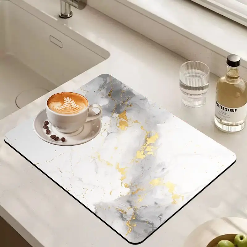 VIKAMA White Grey Gold Vein Marble Coffee Mat Quick Dry Absorbent Non Slip Kitchen Coffee Machine Drying Rug