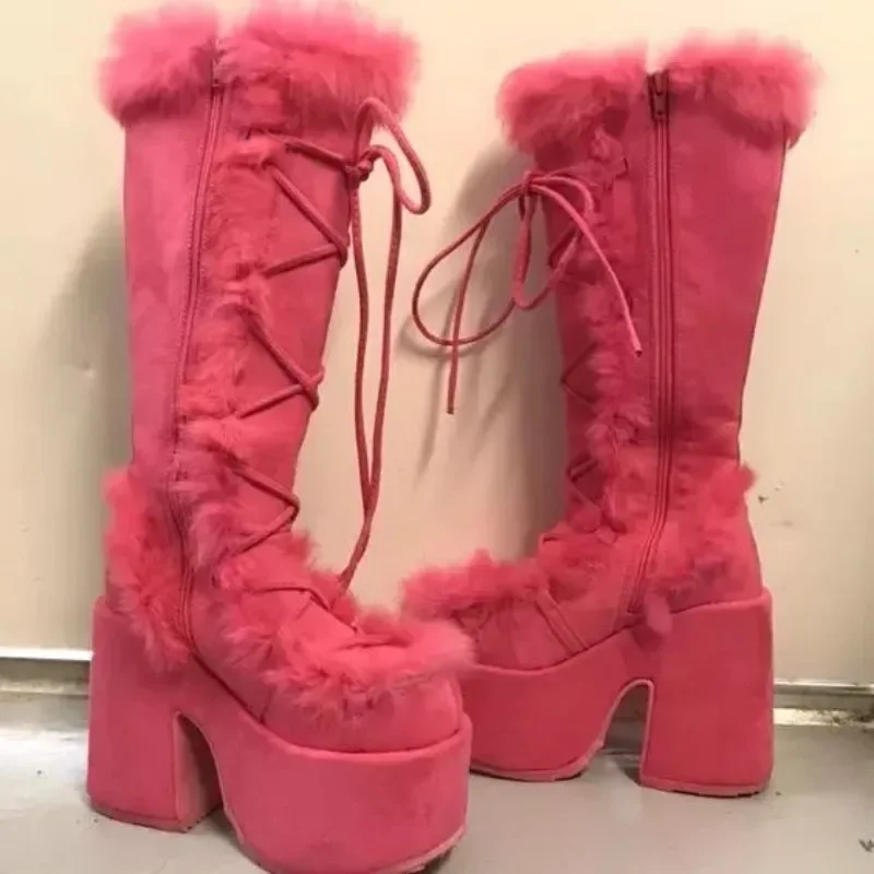 New Winter Women Snow Boots Platform Wedge High Heel Faux Fur Lady Shoes Female Plush Warm Non-slip Mid Calf Boots Goth Shoes