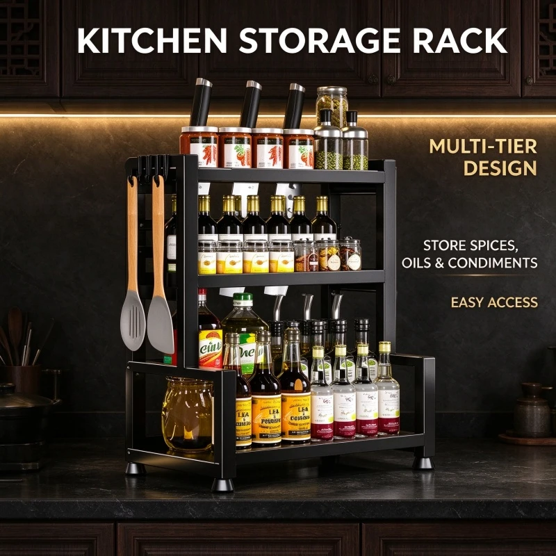 2-3 Tier Adjustable Black Metal Spice Rack, Freestanding Multifunctional Kitchen Organizer, Compact Storage Shelf with Knife Hol