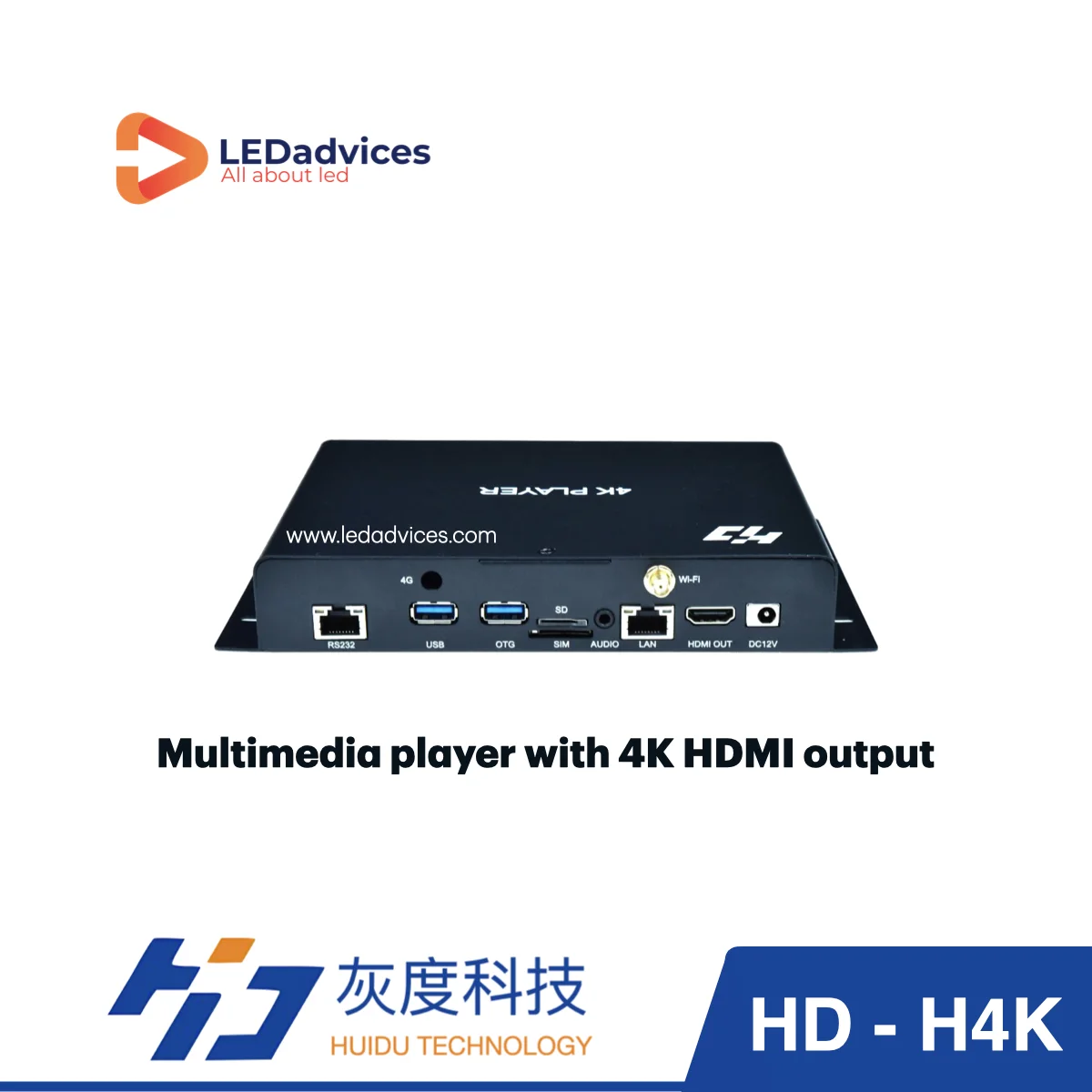 HUIDU HD-H4K Multimedia Player LCD LED Display 3840×2160@60FPS 4K HDMI Output Wifi Mobile APP Wireless Control